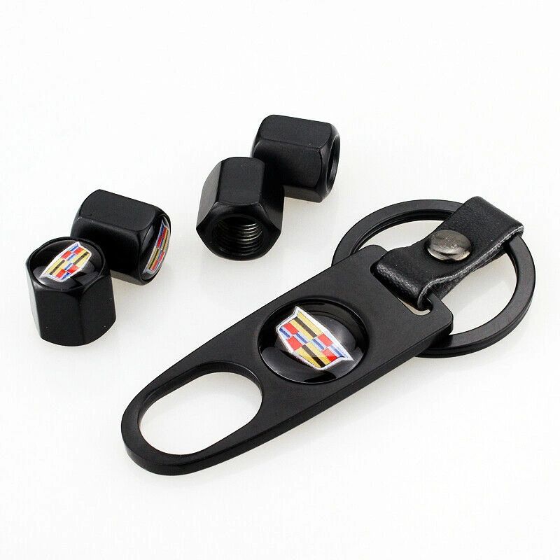 CADILLAC LOGO VALVE STEM CAPS WITH KEYCHAIN